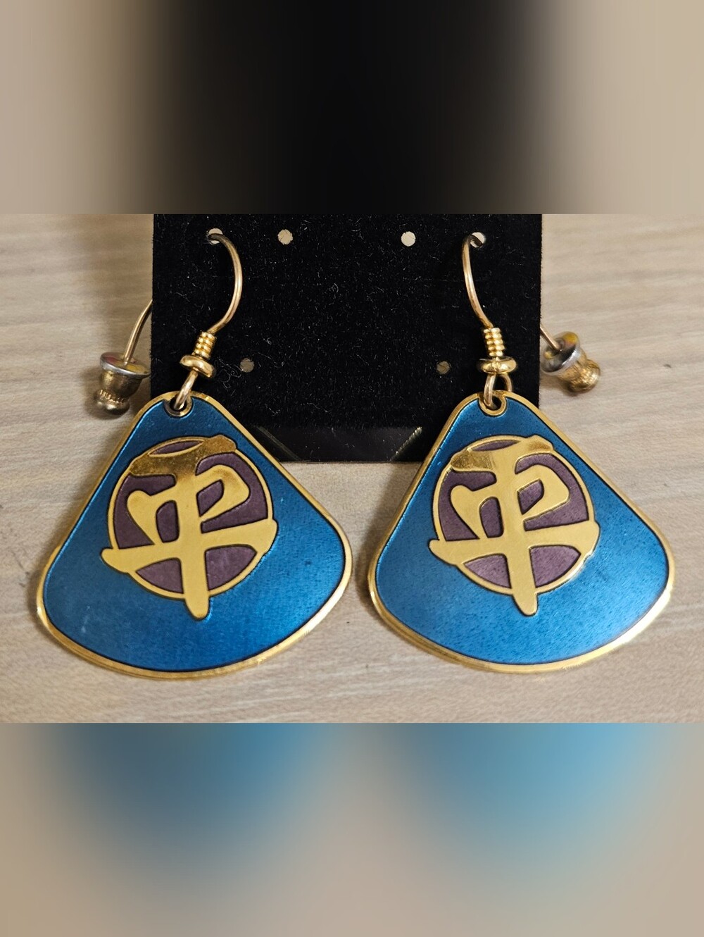 Laurel Burch Earrings Asian Sign Chinese Peace Blue Gold Dangle Enamel VTG